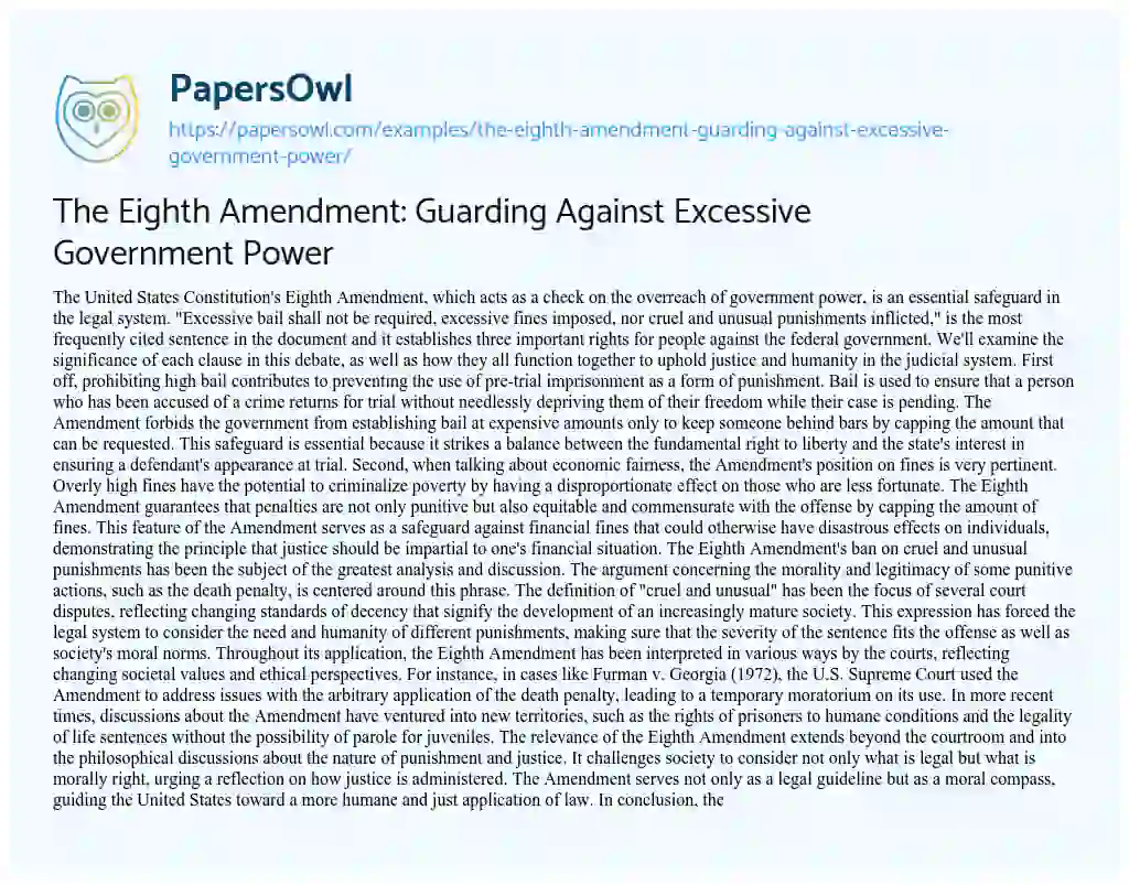 Essay on The Eighth Amendment: Guarding against Excessive Government Power