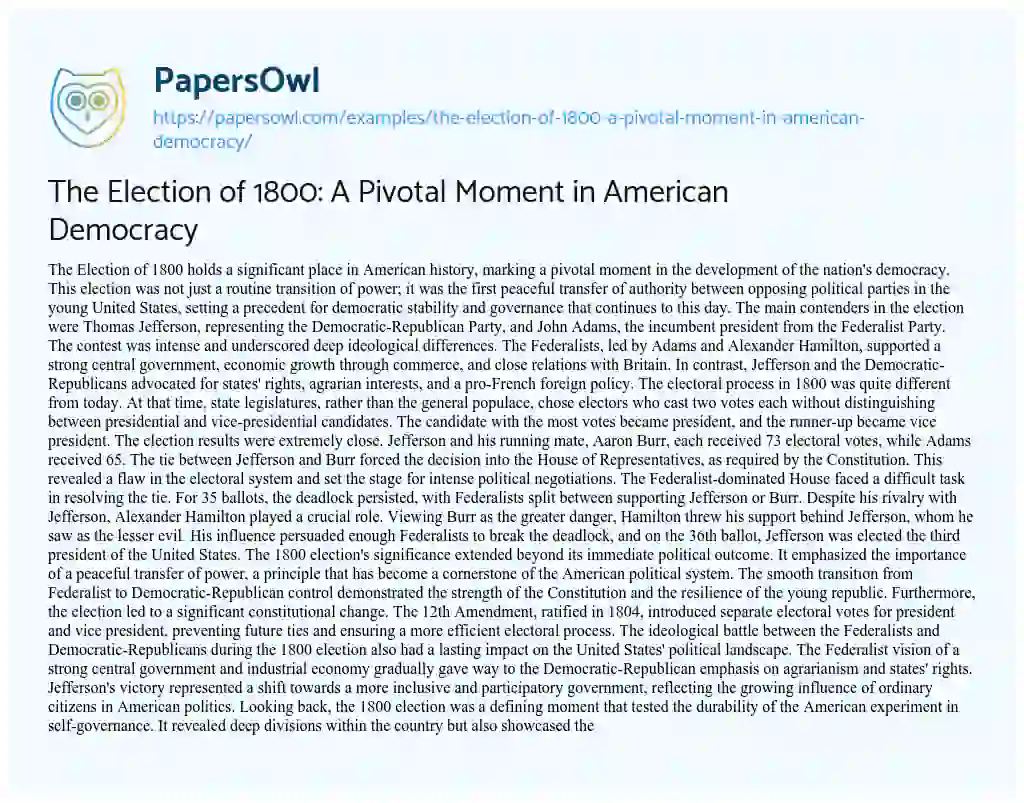 Essay on The Election of 1800: a Pivotal Moment in American Democracy