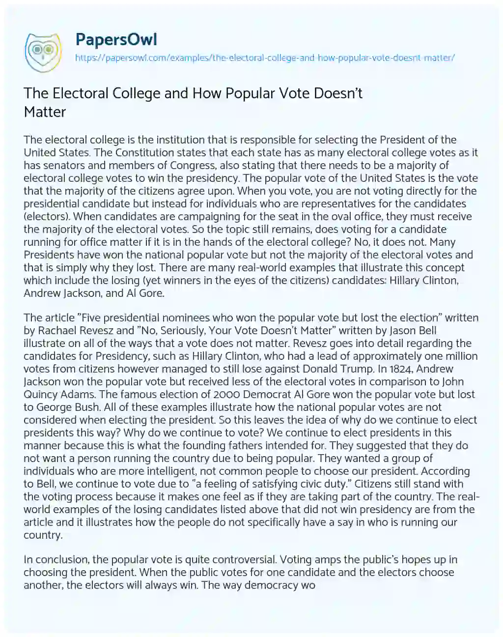 Essay on The Electoral College and how Popular Vote doesn’t Matter