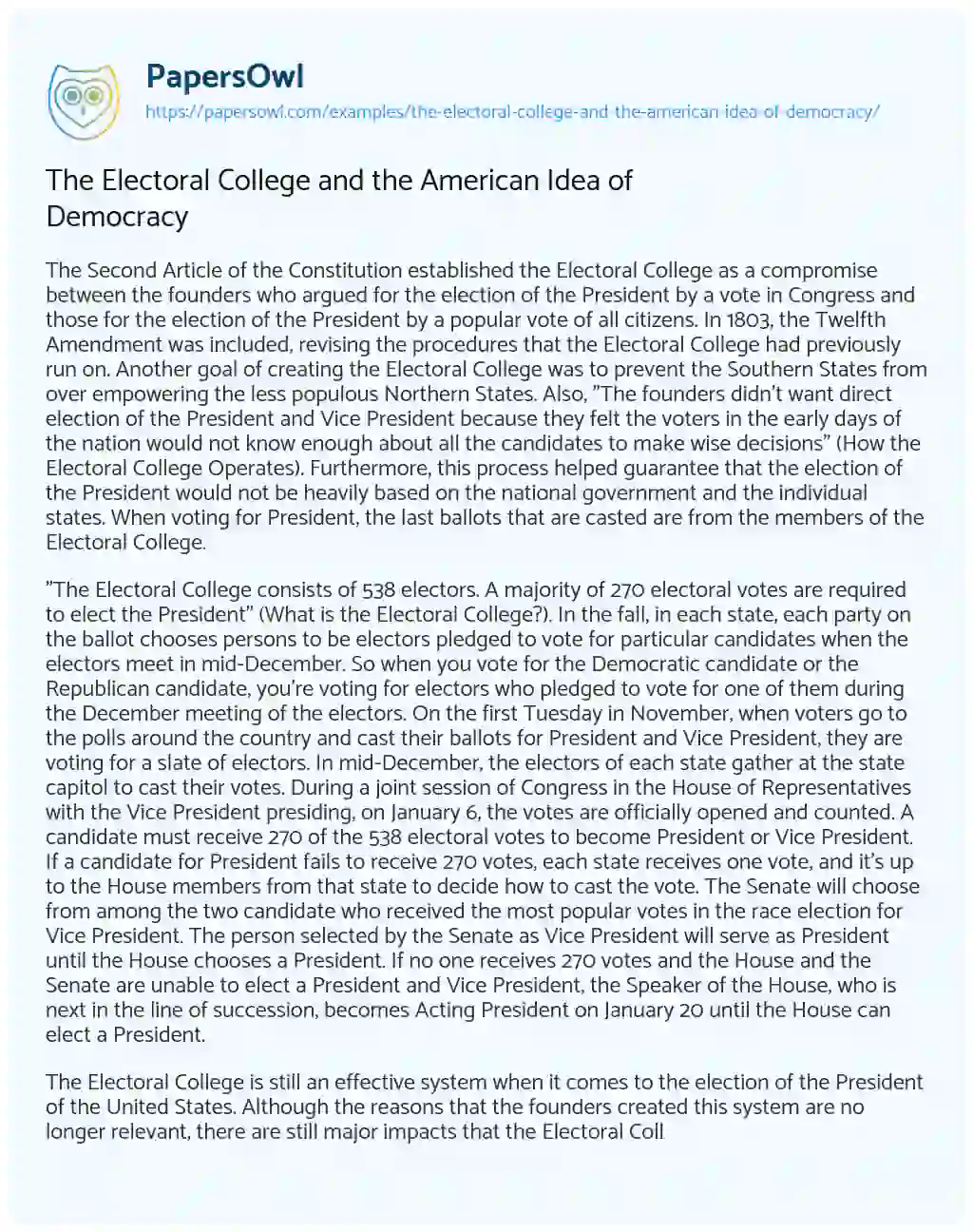 Essay on The Electoral College and the American Idea of Democracy