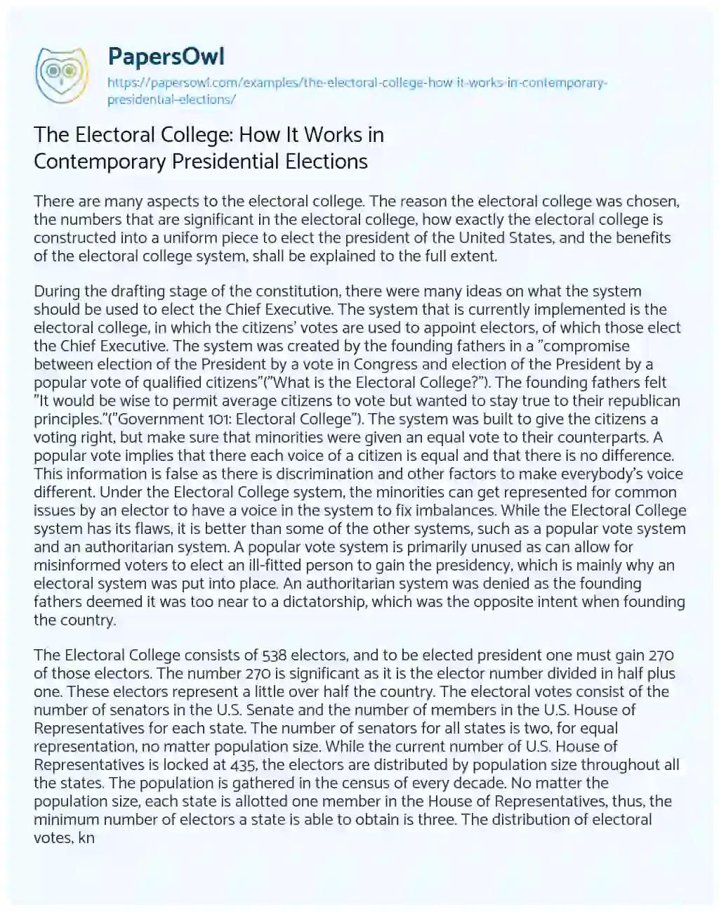 Essay on The Electoral College: how it Works in Contemporary Presidential Elections