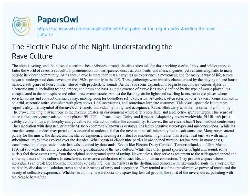 Essay on The Electric Pulse of the Night: Understanding the Rave Culture