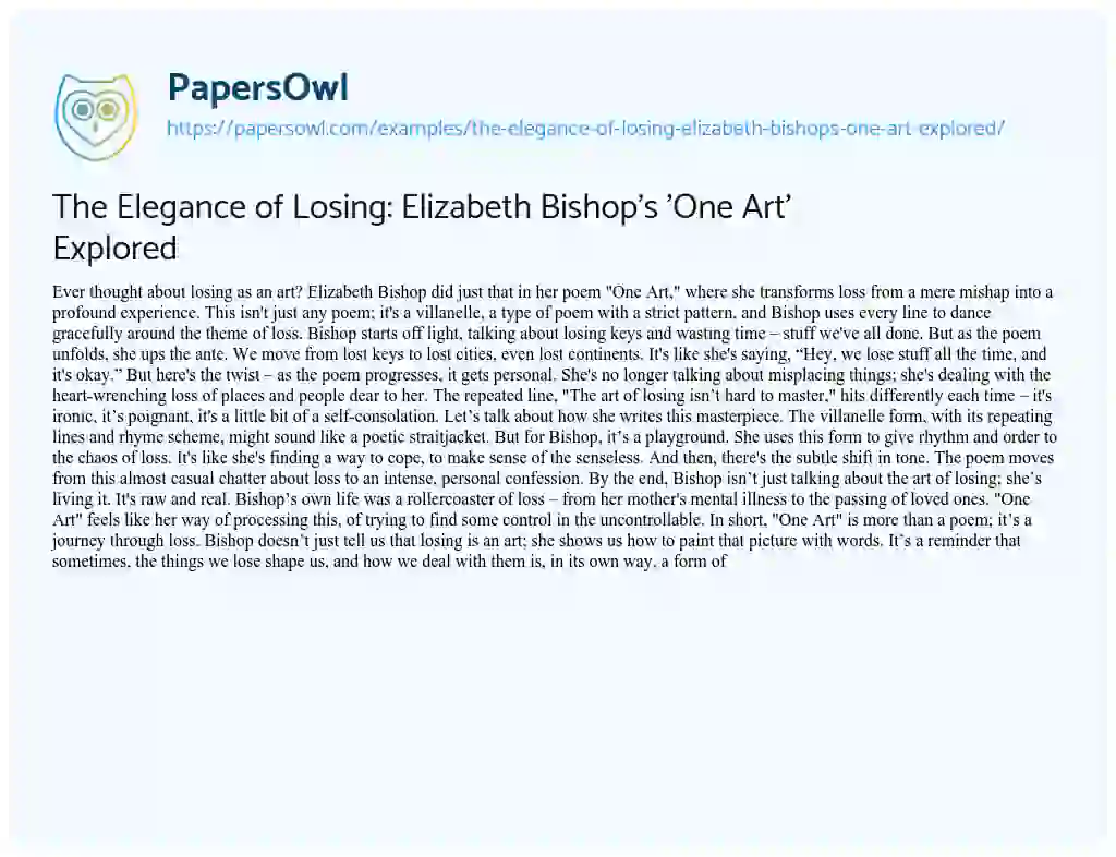 Essay on The Elegance of Losing: Elizabeth Bishop’s ‘One Art’ Explored