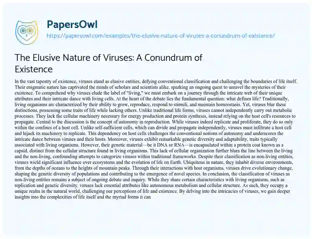 Essay on The Elusive Nature of Viruses: a Conundrum of Existence