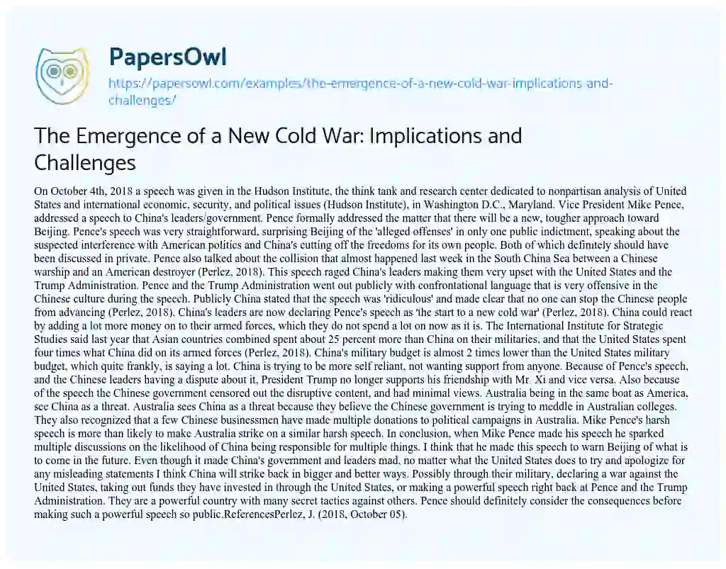 Essay on The Emergence of a New Cold War: Implications and Challenges
