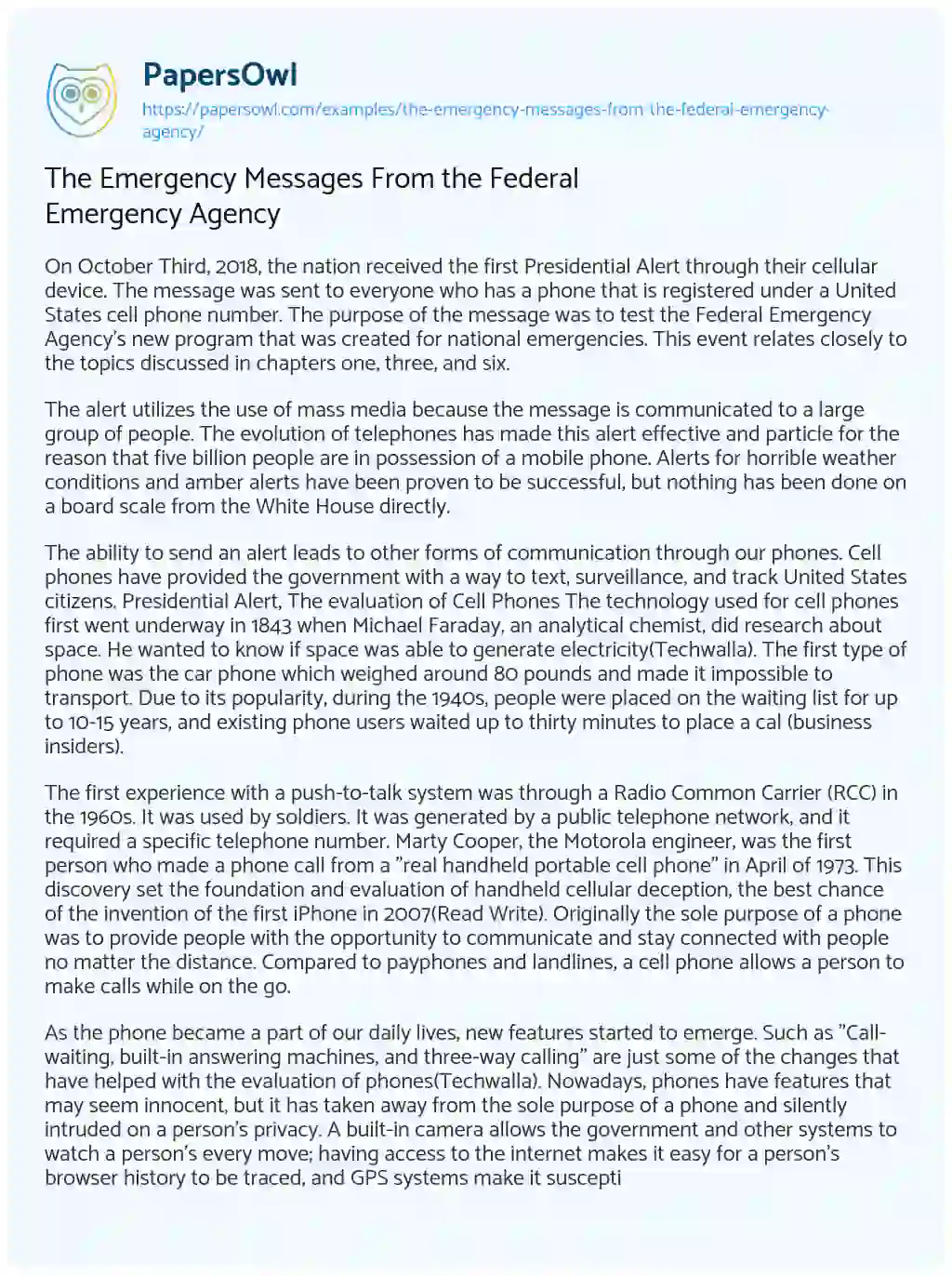 Essay on The Emergency Messages from the Federal Emergency Agency