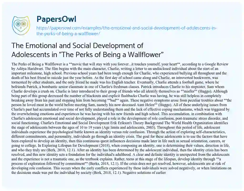 Essay on The Emotional and Social Development of Adolescents in “The Perks of being a Wallflower”