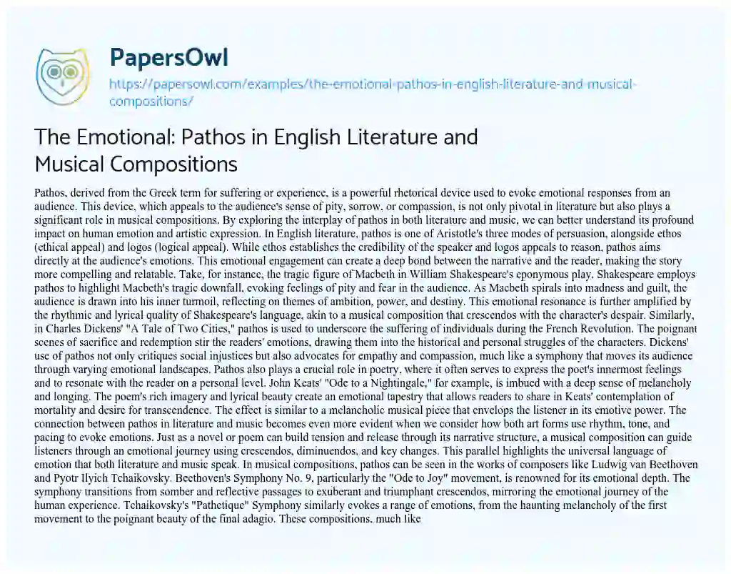 Essay on The Emotional: Pathos in English Literature and Musical Compositions