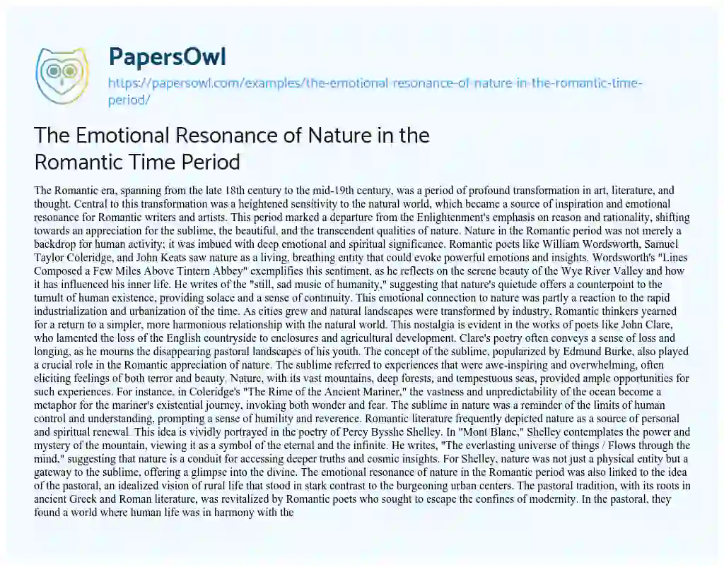 Essay on The Emotional Resonance of Nature in the Romantic Time Period