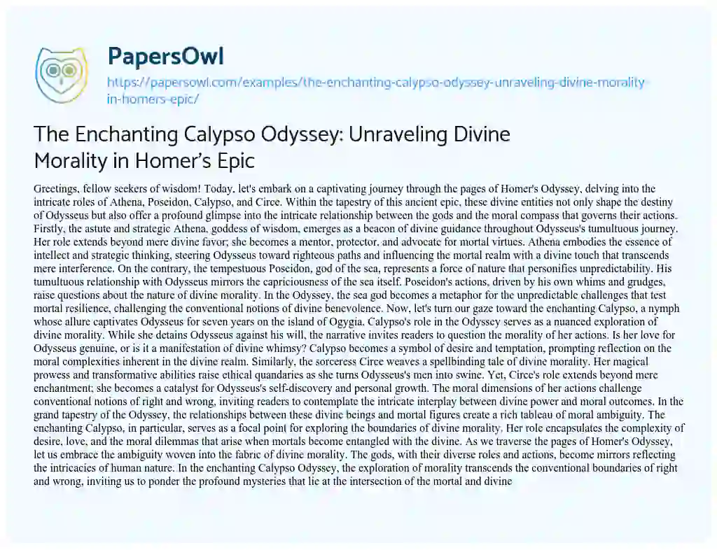 Essay on The Enchanting Calypso Odyssey: Unraveling Divine Morality in Homer’s Epic