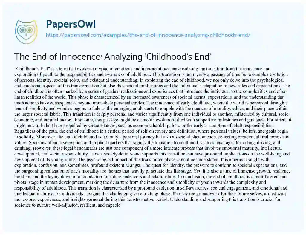 Essay on The End of Innocence: Analyzing ‘Childhood’s End’