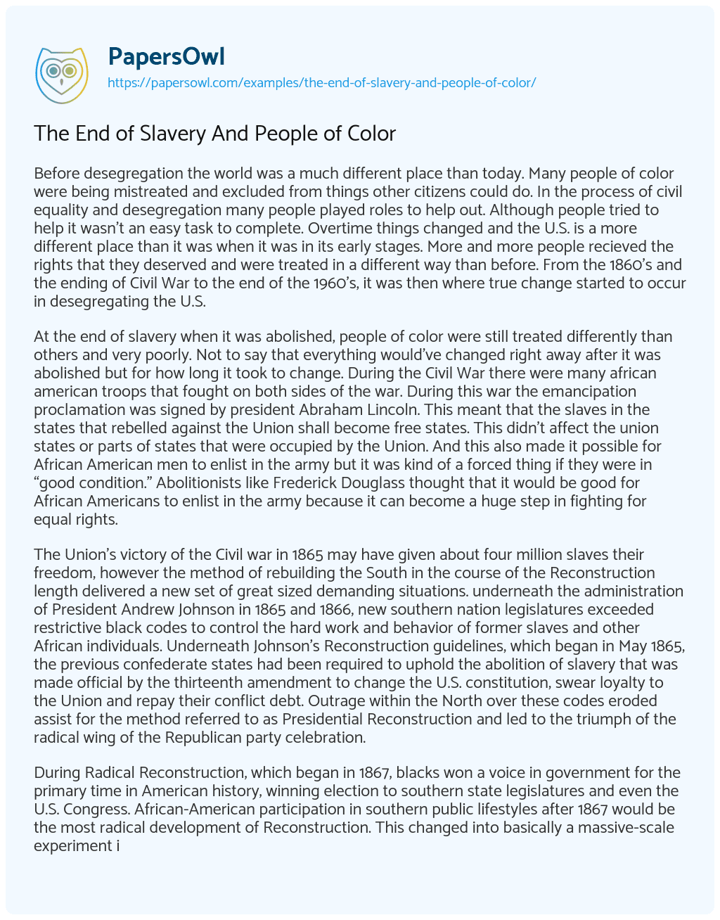 Essay on The End of Slavery and People of Color