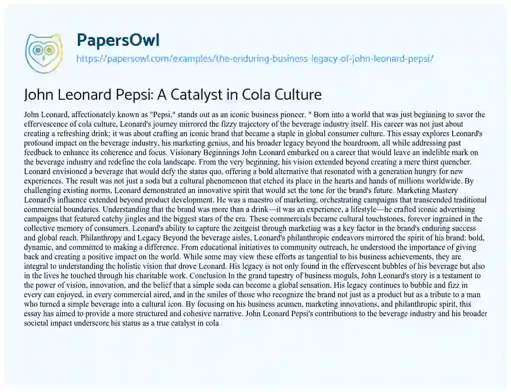 Essay on John Leonard Pepsi: A Catalyst in Cola Culture