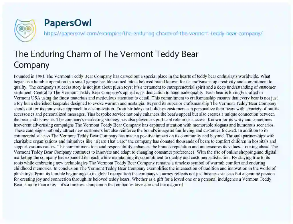 Essay on The Enduring Charm of the Vermont Teddy Bear Company