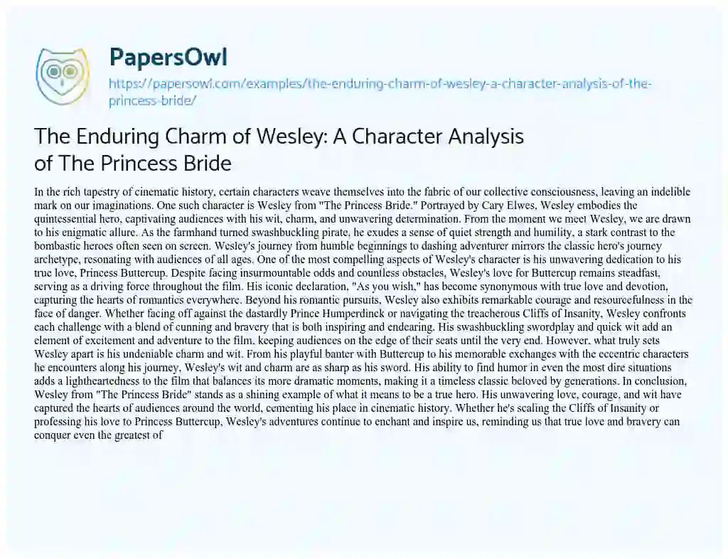 Essay on The Enduring Charm of Wesley: a Character Analysis of the Princess Bride