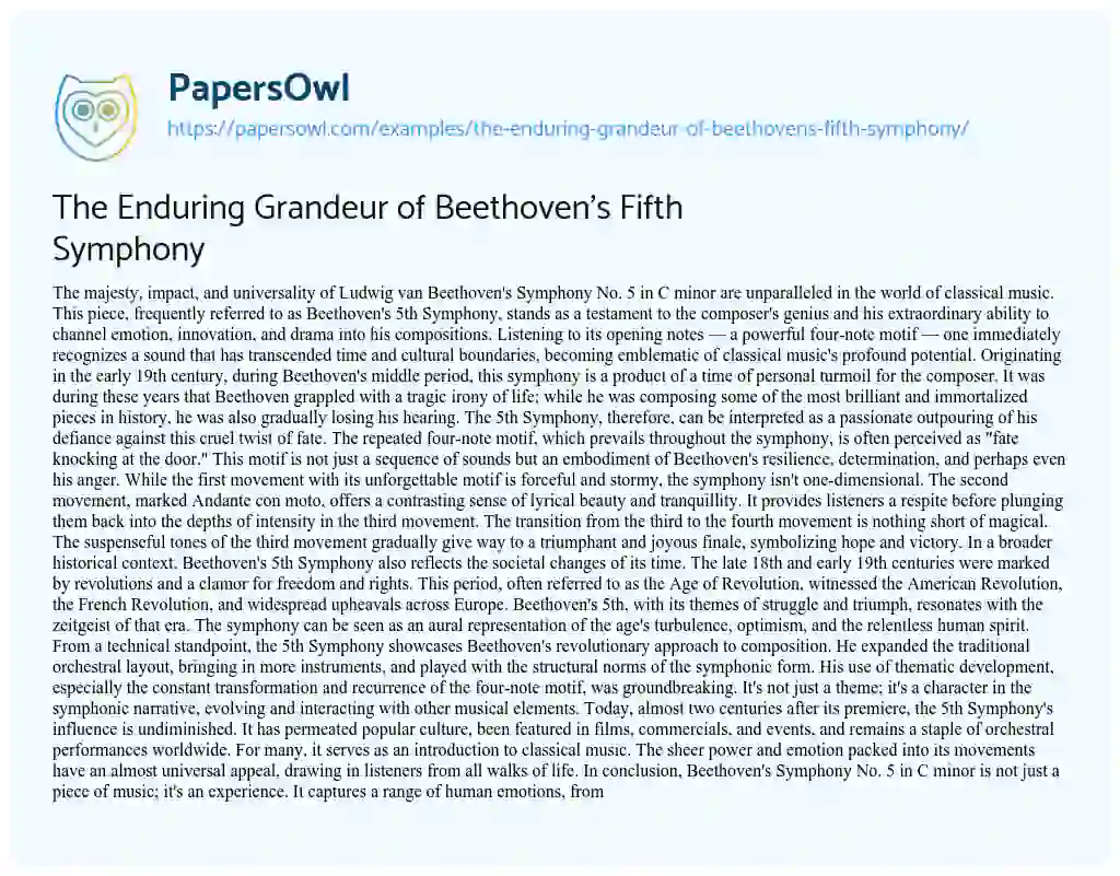 Essay on The Enduring Grandeur of Beethoven’s Fifth Symphony