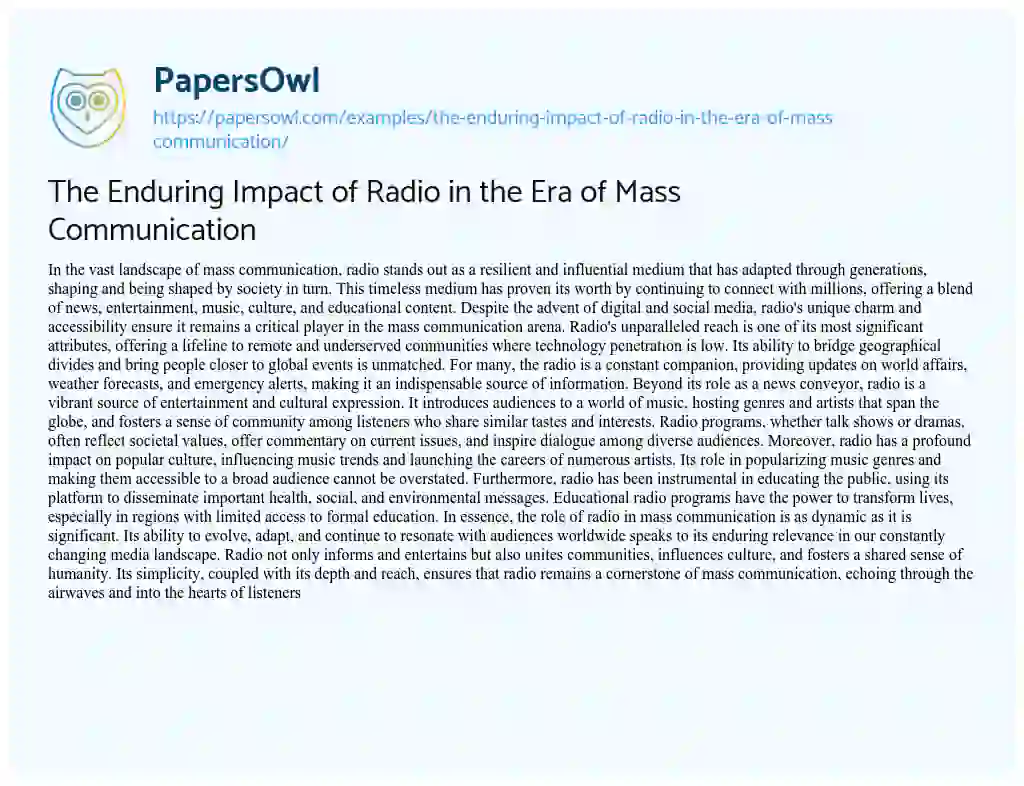 Essay on The Enduring Impact of Radio in the Era of Mass Communication