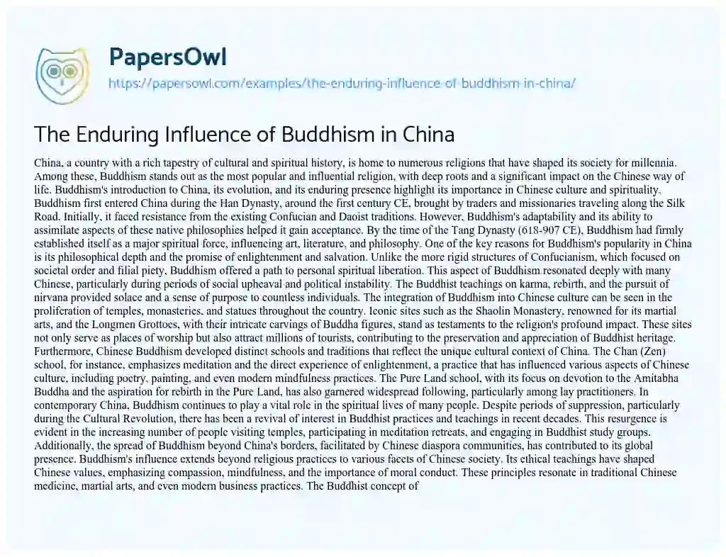 Essay on The Enduring Influence of Buddhism in China