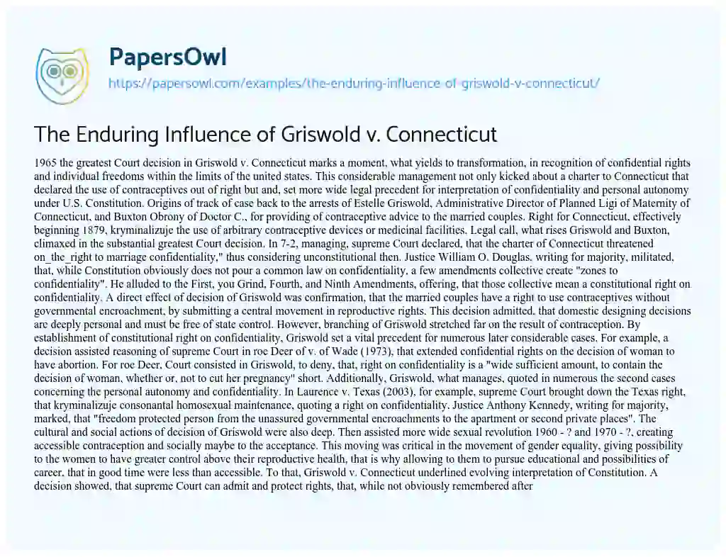 Essay on The Enduring Influence of Griswold V. Connecticut