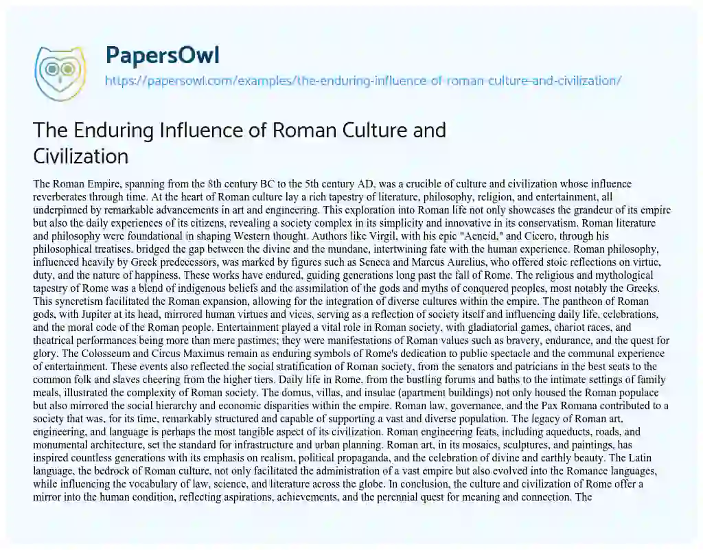 Essay on The Enduring Influence of Roman Culture and Civilization