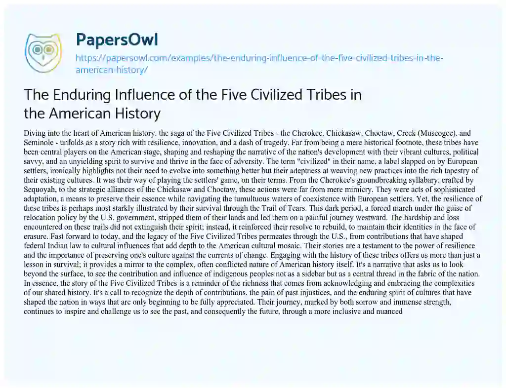 Essay on The Enduring Influence of the Five Civilized Tribes in the American History