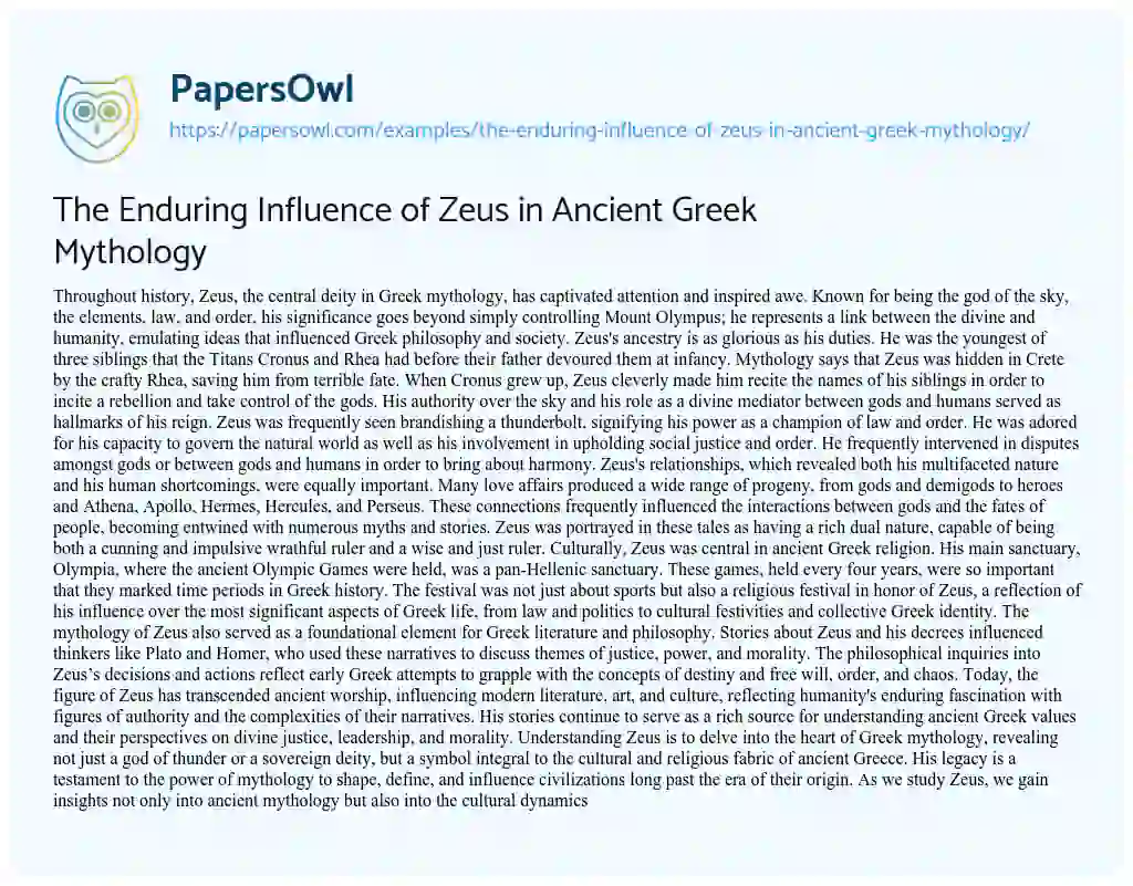 Essay on The Enduring Influence of Zeus in Ancient Greek Mythology