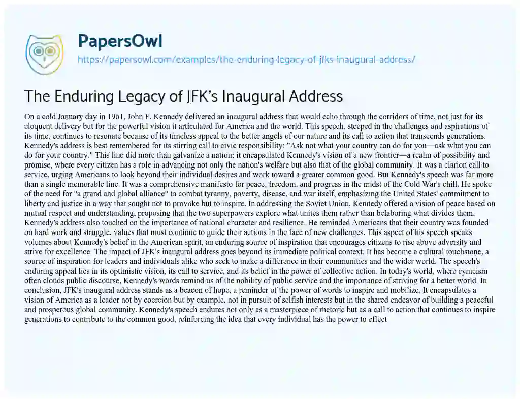 Essay on The Enduring Legacy of JFK’s Inaugural Address