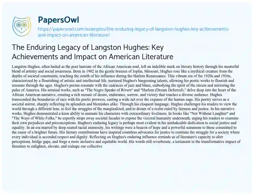 Essay on The Enduring Legacy of Langston Hughes: Key Achievements and Impact on American Literature