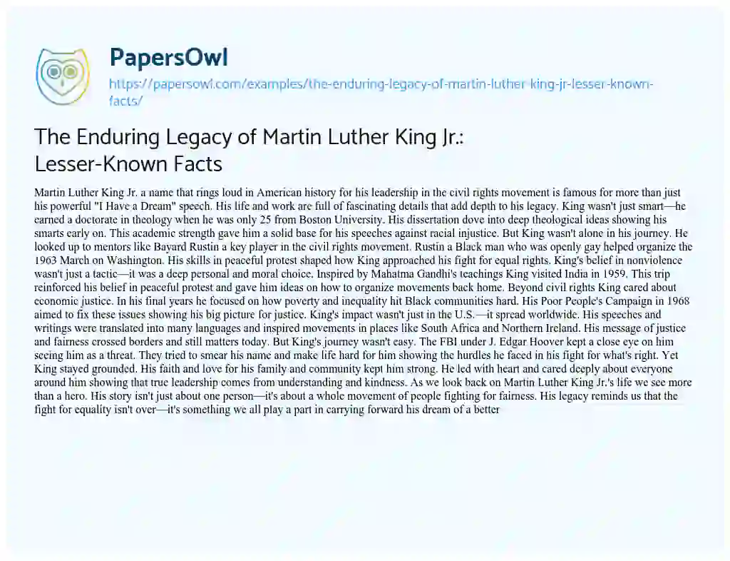 Essay on The Enduring Legacy of Martin Luther King Jr.: Lesser-Known Facts