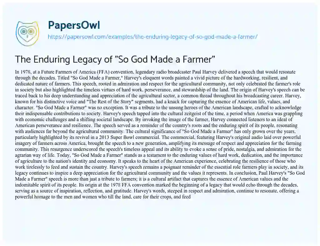 Essay on The Enduring Legacy of “So God Made a Farmer”