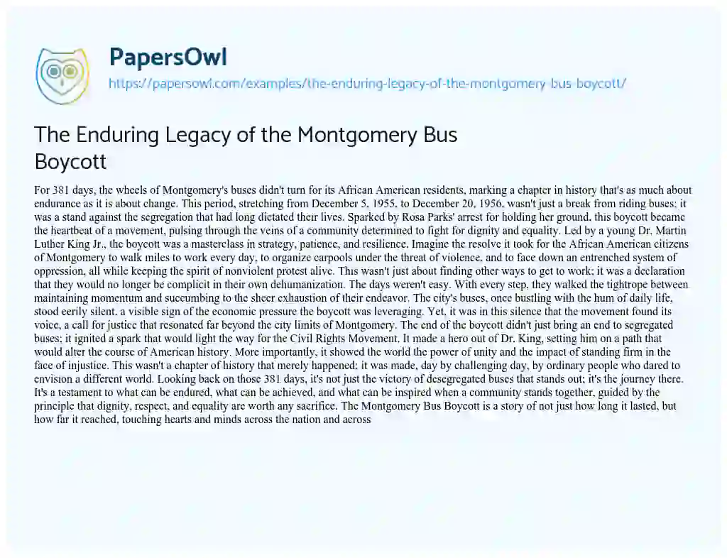 Essay on The Enduring Legacy of the Montgomery Bus Boycott
