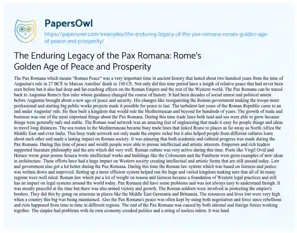 Essay on The Enduring Legacy of the Pax Romana: Rome’s Golden Age of Peace and Prosperity