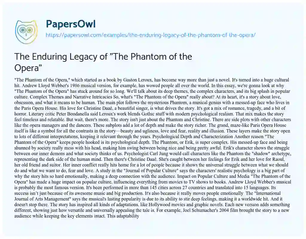 Essay on The Enduring Legacy of “The Phantom of the Opera”