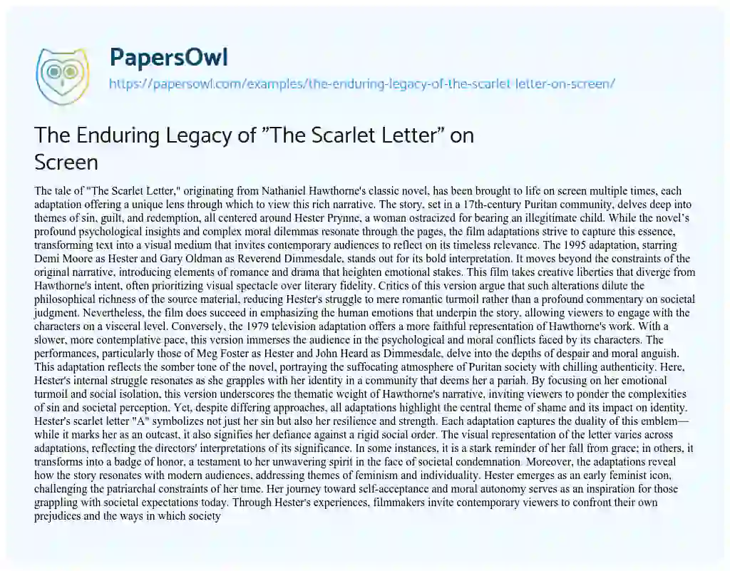 Essay on The Enduring Legacy of “The Scarlet Letter” on Screen