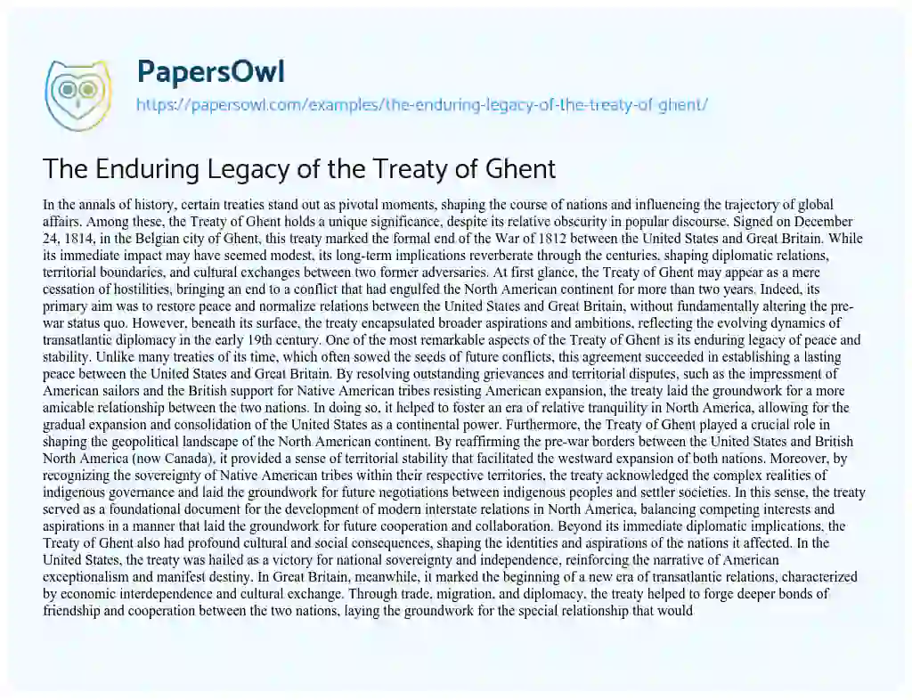 Essay on The Enduring Legacy of the Treaty of Ghent