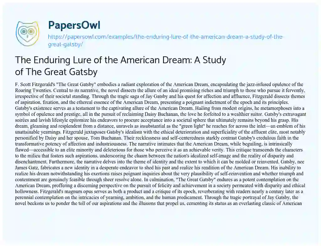 Essay on The Enduring Lure of the American Dream: a Study of the Great Gatsby