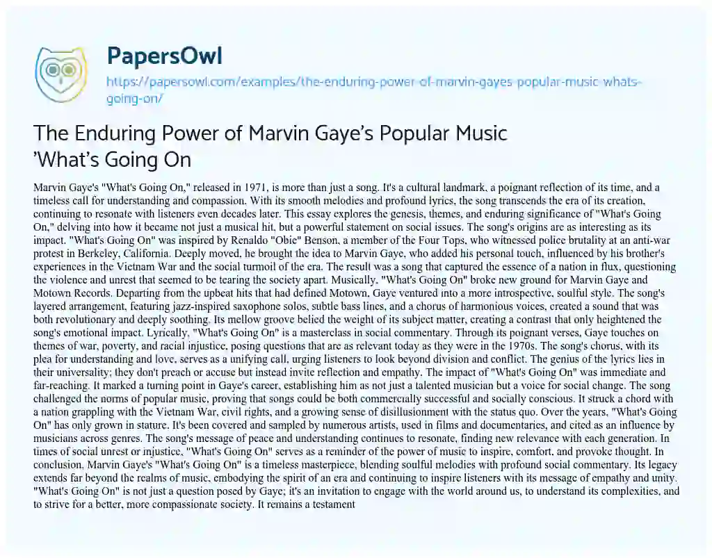 Essay on The Enduring Power of Marvin Gaye’s Popular Music ‘What’s Going on
