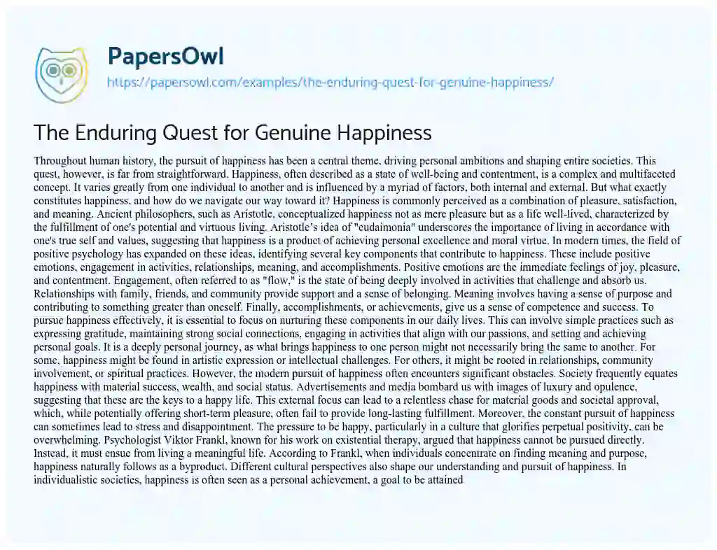 Essay on The Enduring Quest for Genuine Happiness