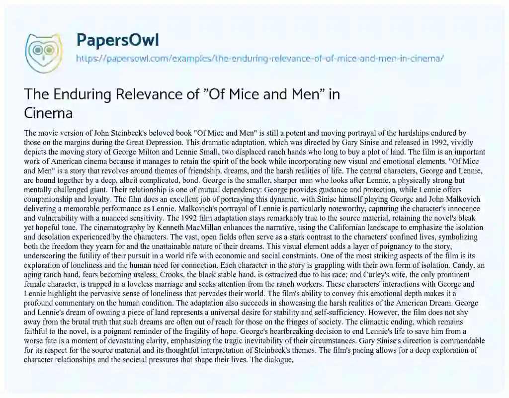 Essay on The Enduring Relevance of “Of Mice and Men” in Cinema