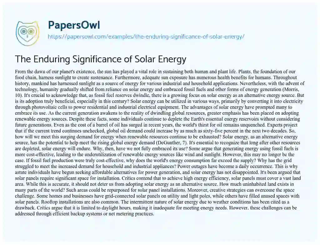 Essay on The Enduring Significance of Solar Energy