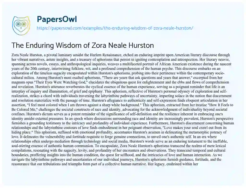 Essay on The Enduring Wisdom of Zora Neale Hurston