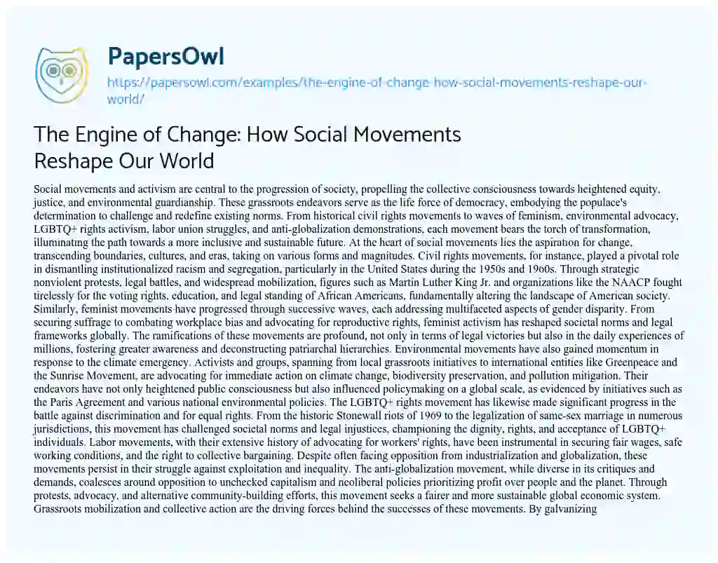 Essay on The Engine of Change: how Social Movements Reshape our World