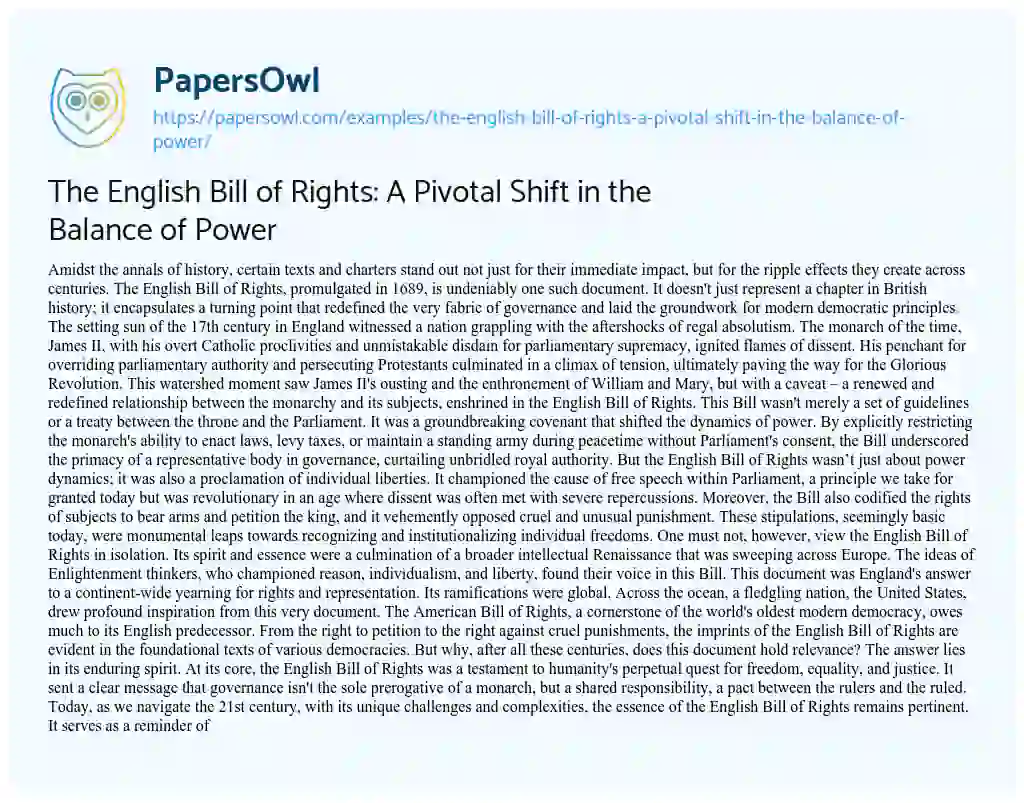 Essay on The English Bill of Rights: a Pivotal Shift in the Balance of Power