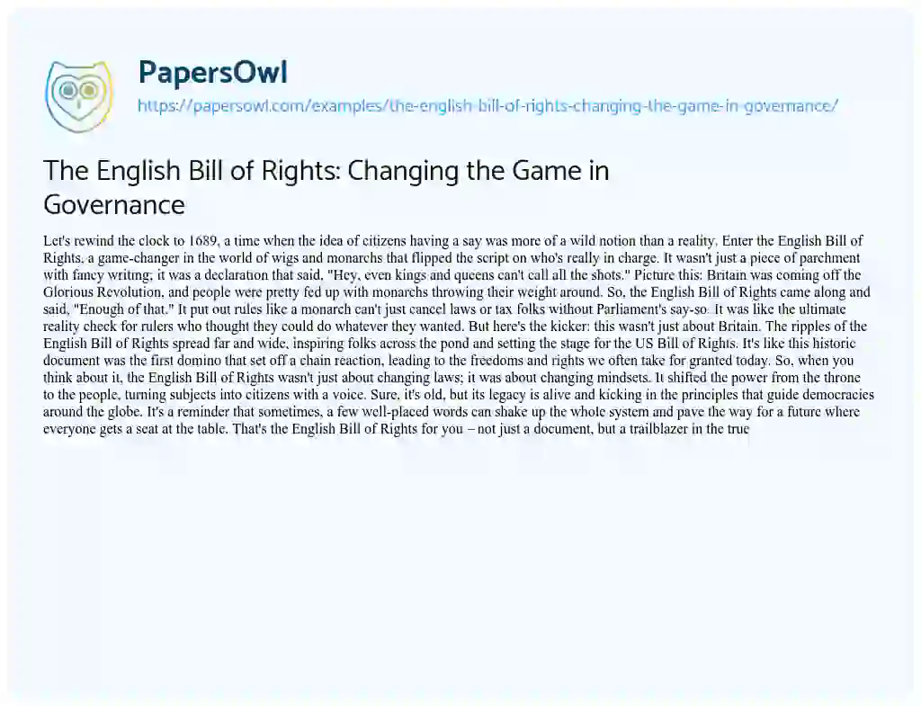 Essay on The English Bill of Rights: Changing the Game in Governance