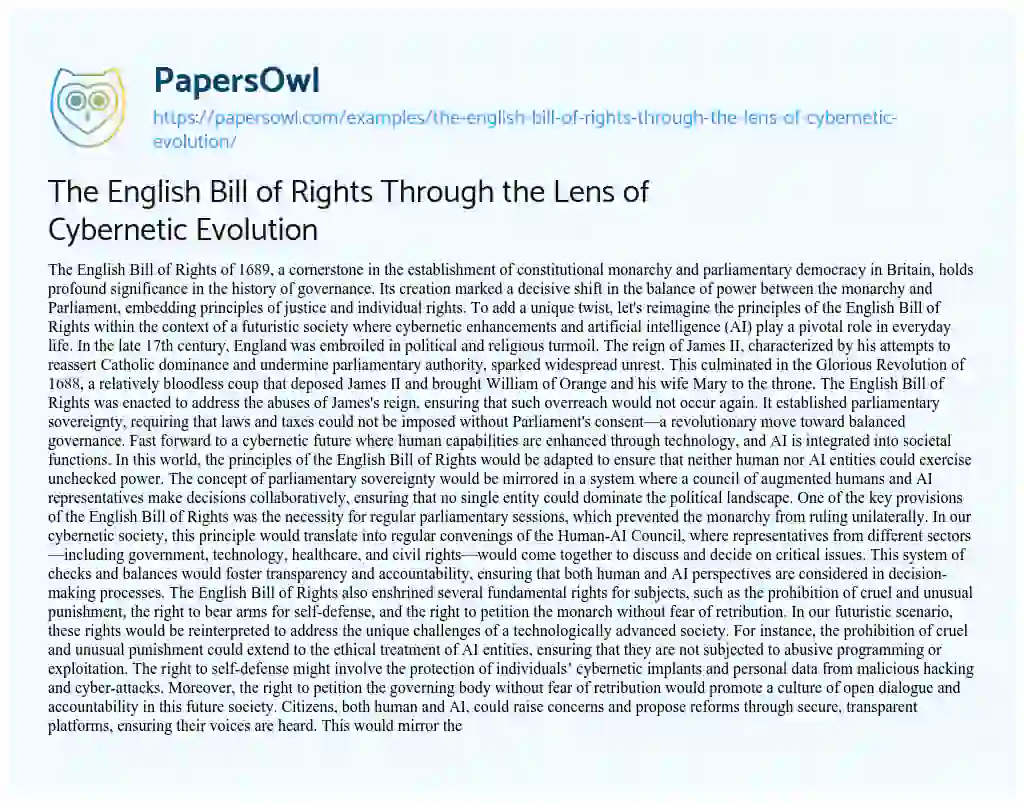 Essay on The English Bill of Rights through the Lens of Cybernetic Evolution