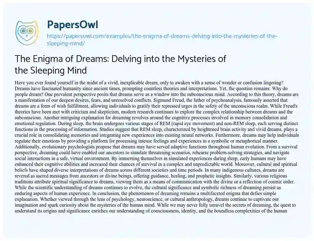 Essay on The Enigma of Dreams: Delving into the Mysteries of the Sleeping Mind