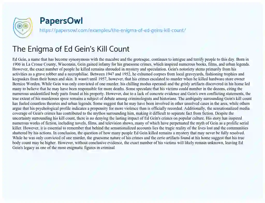 Essay on The Enigma of Ed Gein’s Kill Count