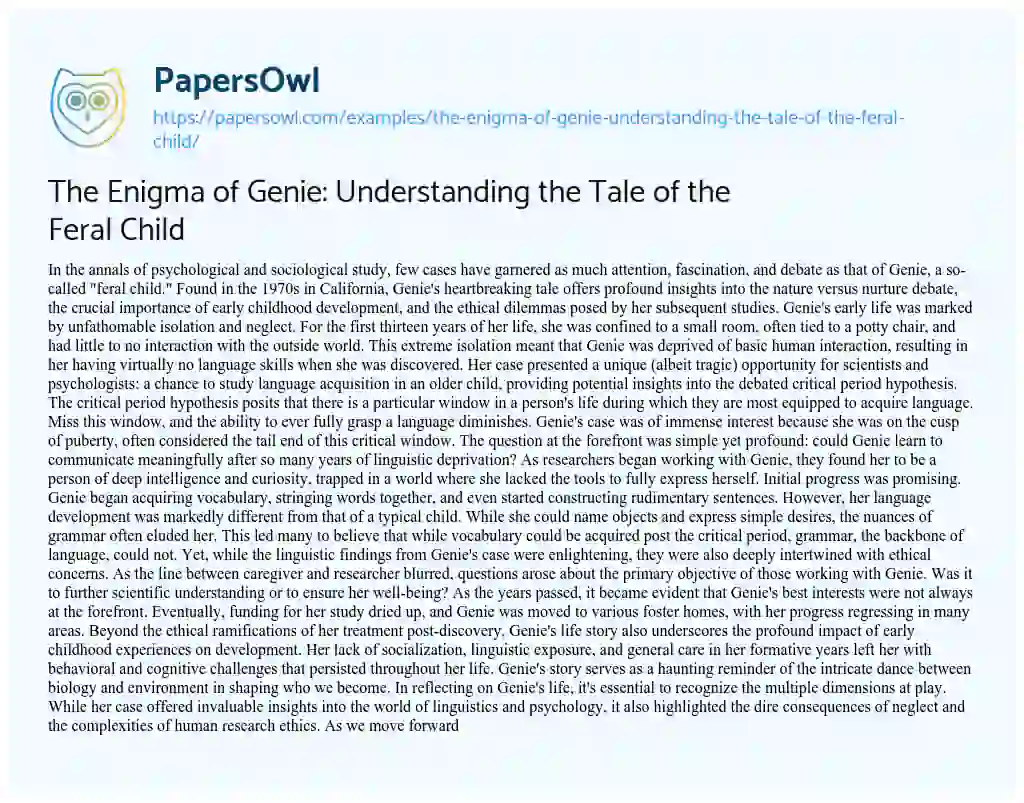 Essay on The Enigma of Genie: Understanding the Tale of the Feral Child