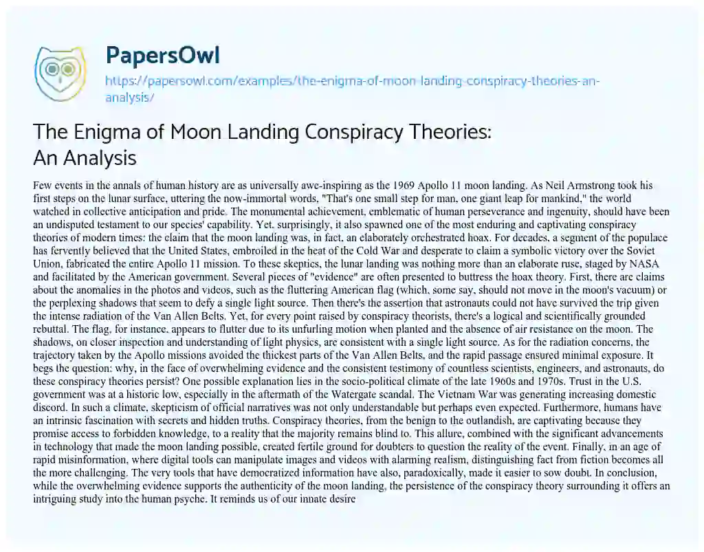 Essay on The Enigma of Moon Landing Conspiracy Theories: an Analysis