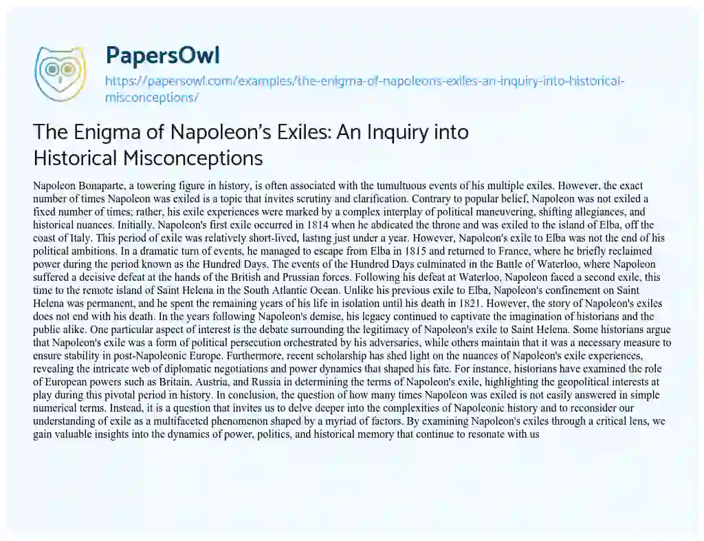 Essay on The Enigma of Napoleon’s Exiles: an Inquiry into Historical Misconceptions